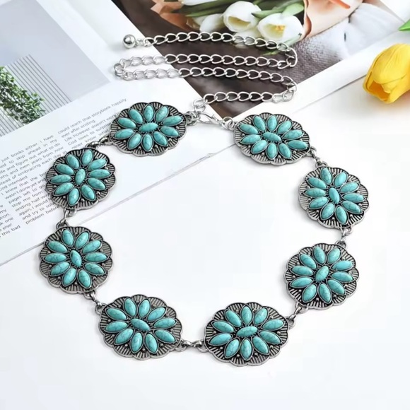 Turquoise Floral Silver Belt - Picture 1 of 3